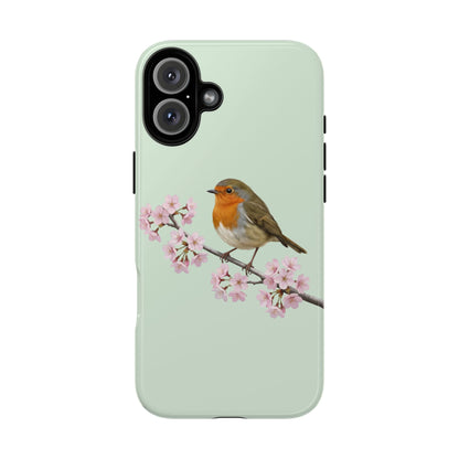 Rotkehlchen Handyhülle in Salbeigrün | Florales Kirschblüten Vogel-Motiv für iPhone & Google Pixel