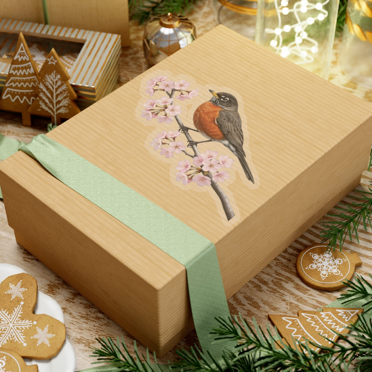American Robin Cherry Blossom Sticker | Glossy Floral Bird Decal | Spring Laptop Sticker