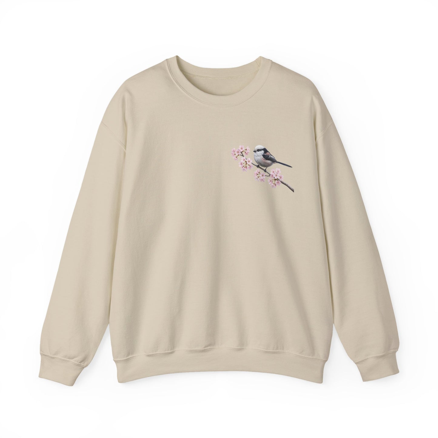 Long Tailed Titmouse Cherry Blossom Sweatshirt | Floral Bird Crewneck Cozy Spring Pullover – Animal Lover Gift, Avian Enthusiast