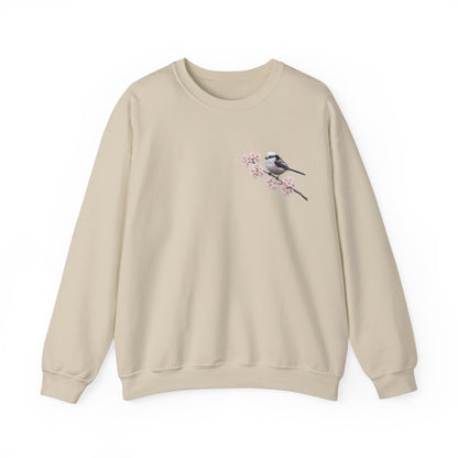 Long Tailed Titmouse Cherry Blossom Sweatshirt | Floral Bird Crewneck Cozy Spring Pullover – Animal Lover Gift, Avian Enthusiast