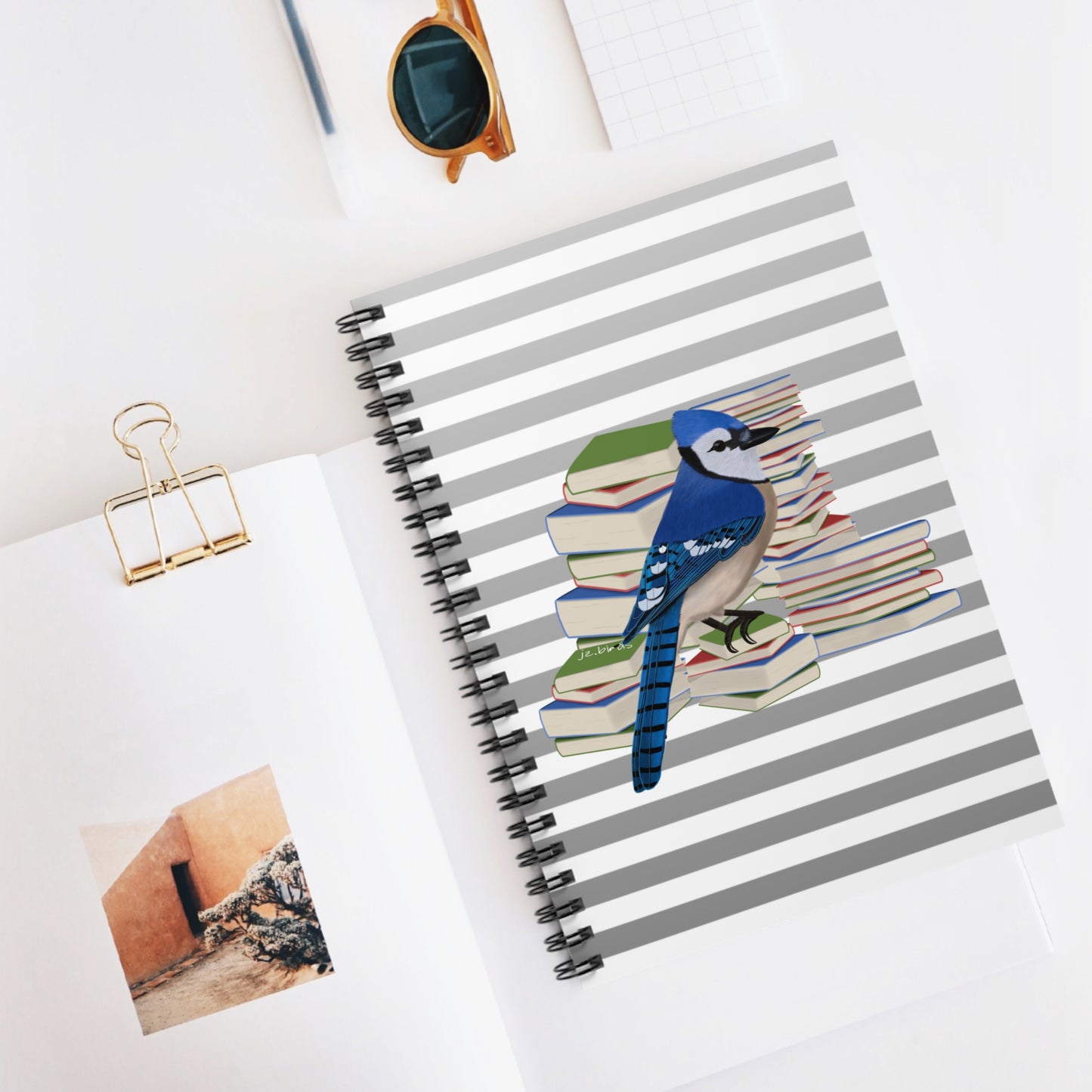 Blue Jay Bird with Books Birdlover Bookworm Spiral Notebook Ruled Line 6" x 8"