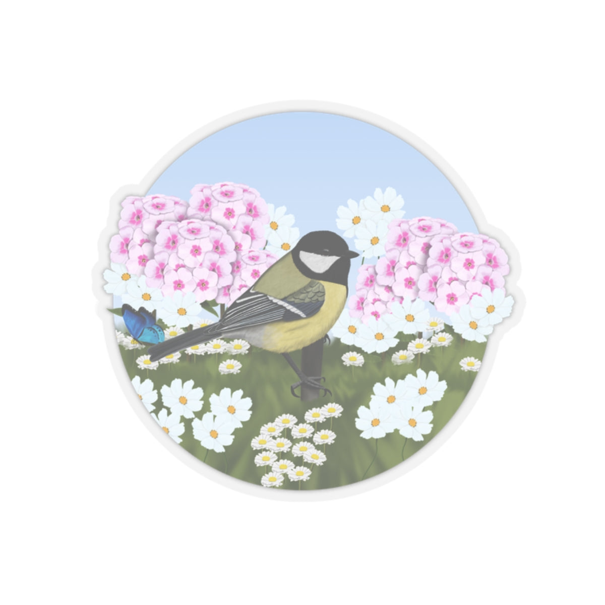 Chickadee Summer Flowers Bird Kiss-Cut Sticker