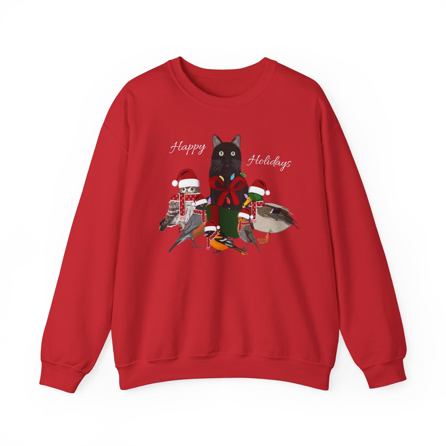 Robin Mallard Oriole Owl with Cat in a Box and Fairy Lights Happy Holidays Christmas Bird Sweatshirt