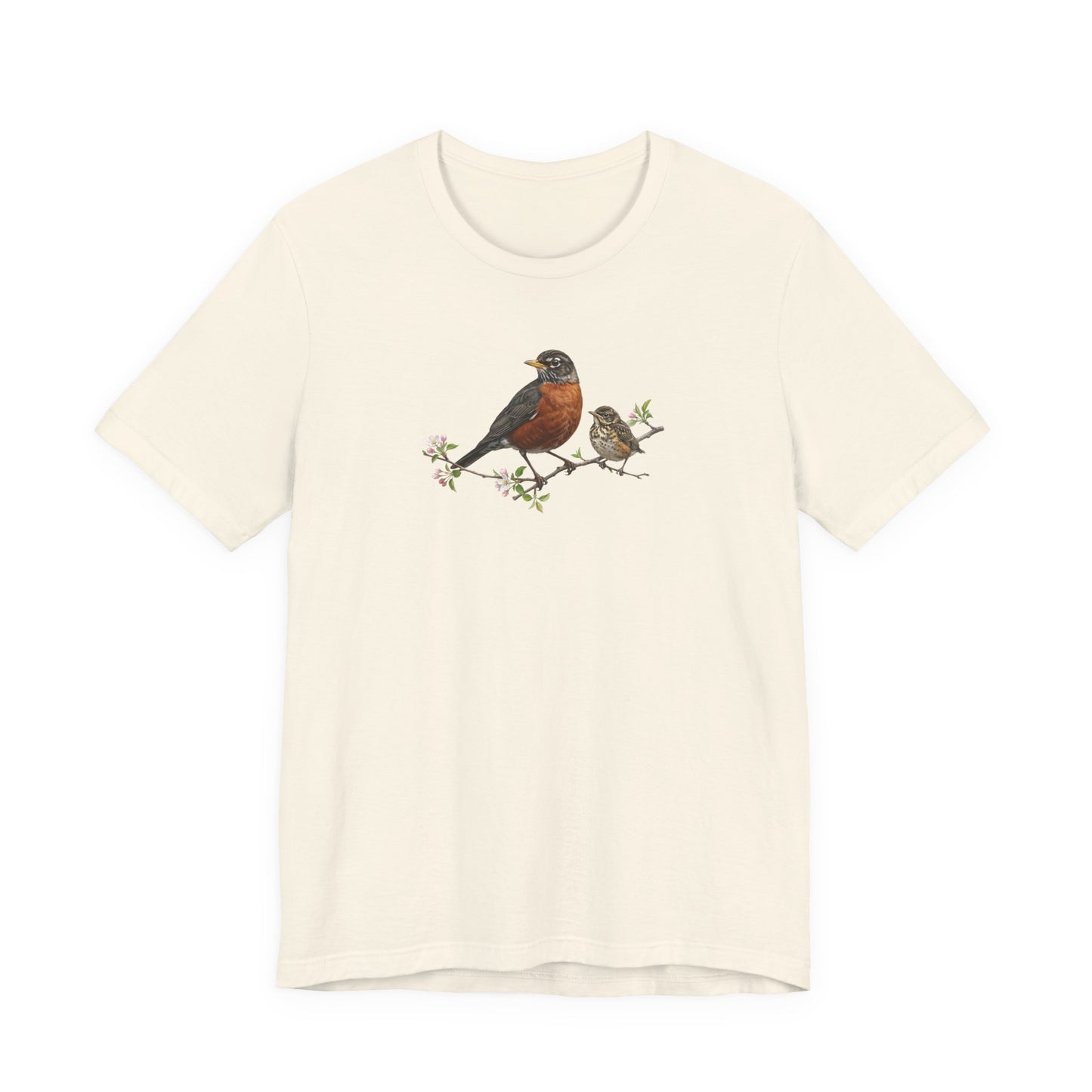 American Robin & Fledgling T-Shirt | Spring Blossoms Unisex Graphic Tee