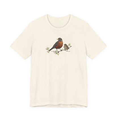 American Robin & Fledgling T-Shirt | Spring Blossoms Unisex Graphic Tee