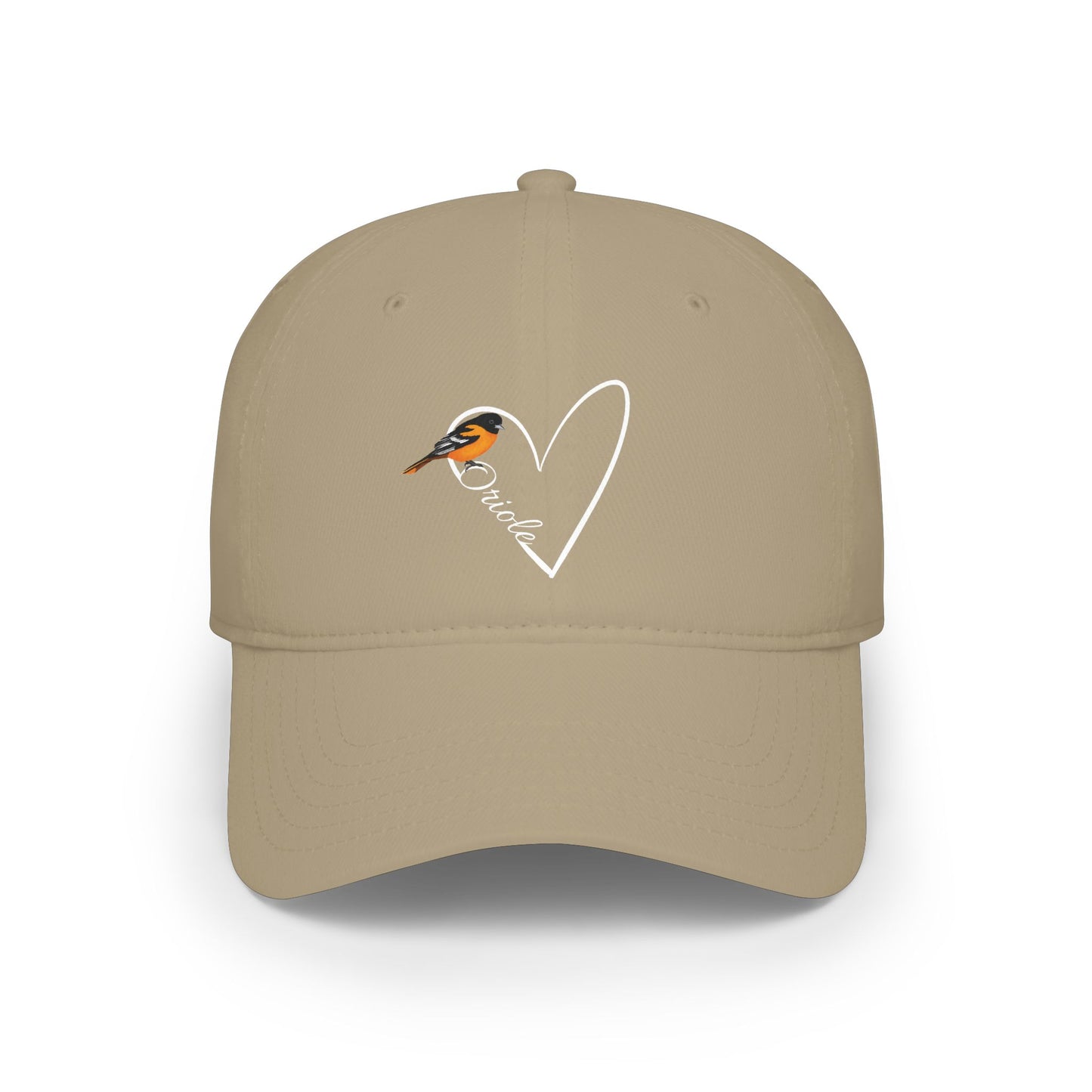 Beige cap with a baltimore oriole and heart design on a white background