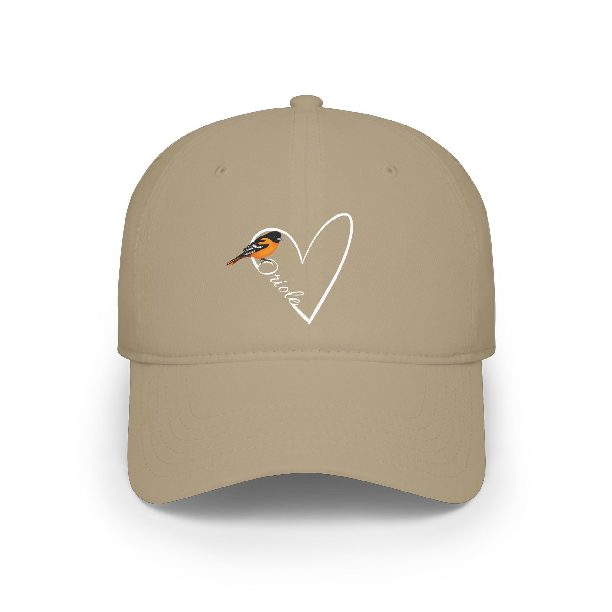 Beige cap with a baltimore oriole and heart design on a white background