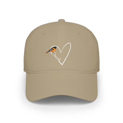 Beige cap with a baltimore oriole and heart design on a white background