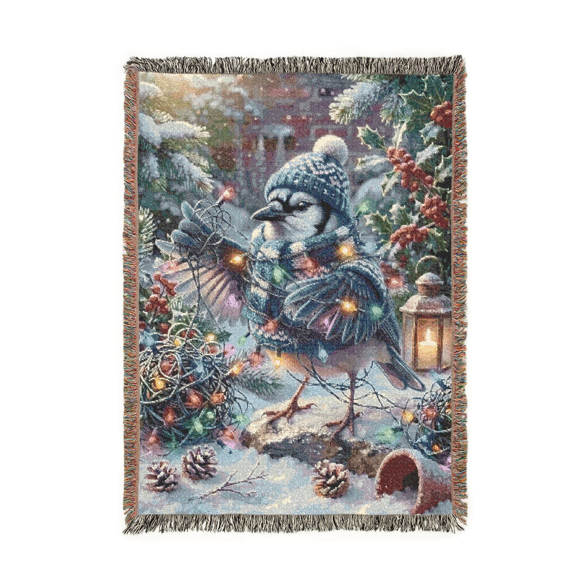 A rectangular woven throw blanket with fringed edges, featuring a festive winter woodland scene with a blue jay, pinecones, evergreen branches, warm string lights, and a lantern on a white background.