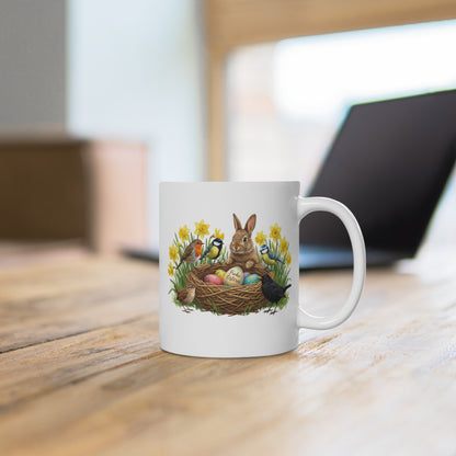 Kaninchen Rotkehlchen Amsel am Nest mit Osterglocken Tasse - Oster-Geschenk für Vogelfreunde