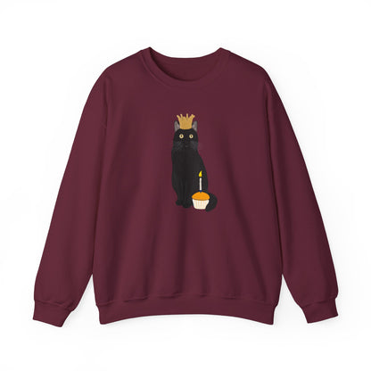 Black Birthday Cat with Muffin and Golden Crown Cat Lover Sweatshirt