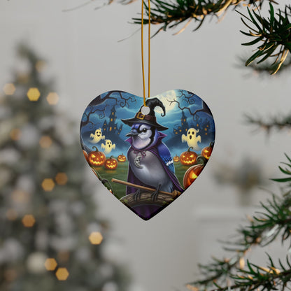 Funny Blue Jay Bird Halloween Ornament, Double-Sided Ceramic Decor for Spooky Season