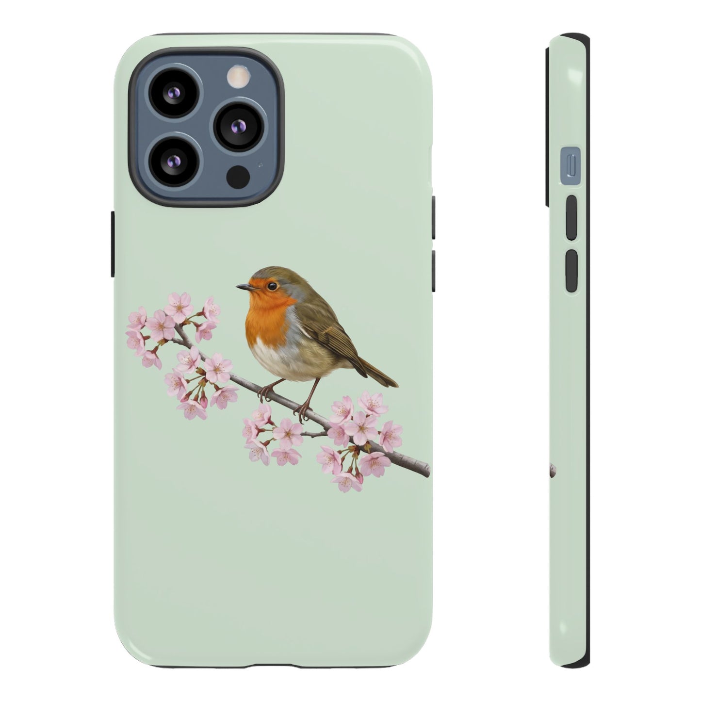 Rotkehlchen Handyhülle in Salbeigrün | Florales Kirschblüten Vogel-Motiv für iPhone & Google Pixel