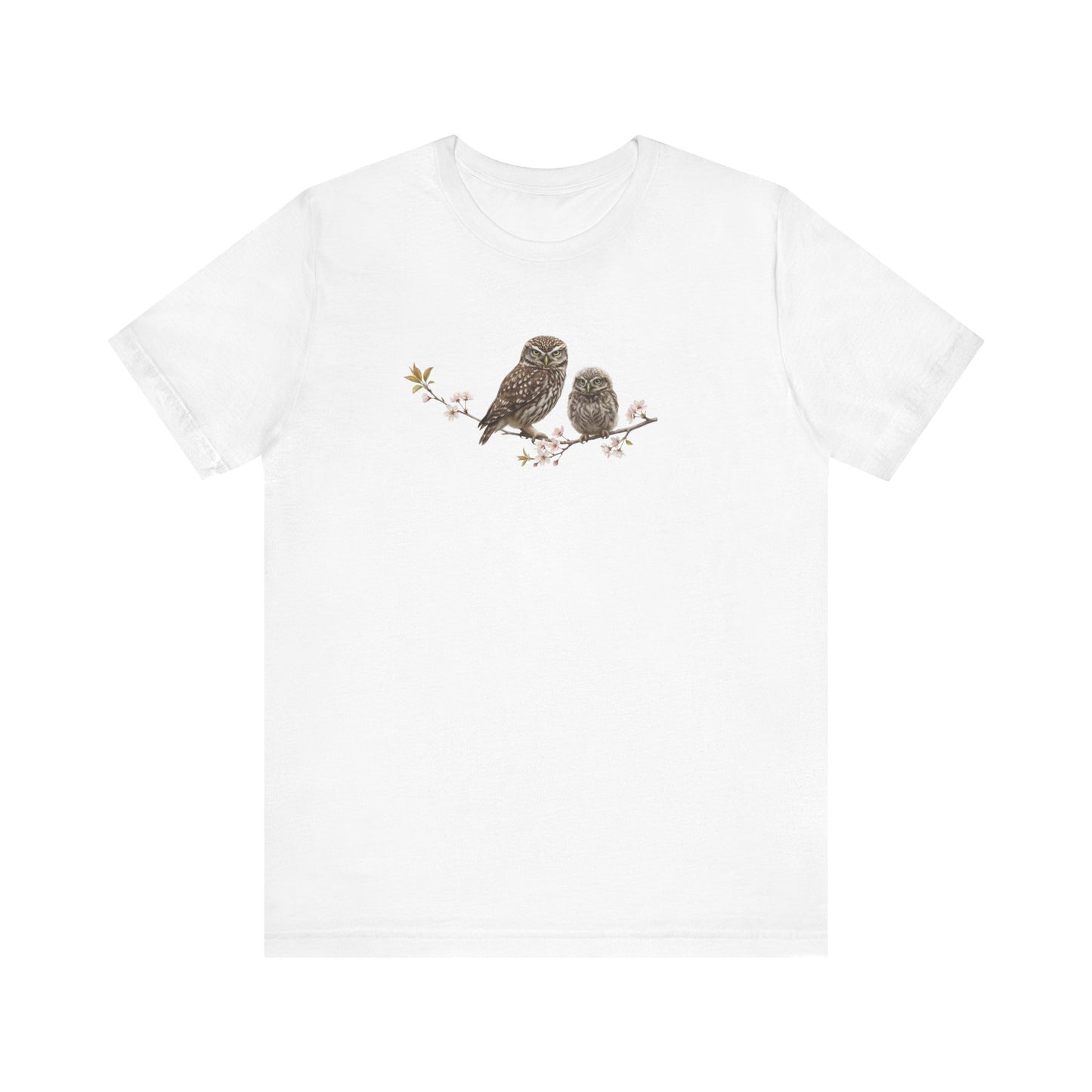 Little Owl & Fledgling T-Shirt | Spring Blossoms Unisex Graphic Tee