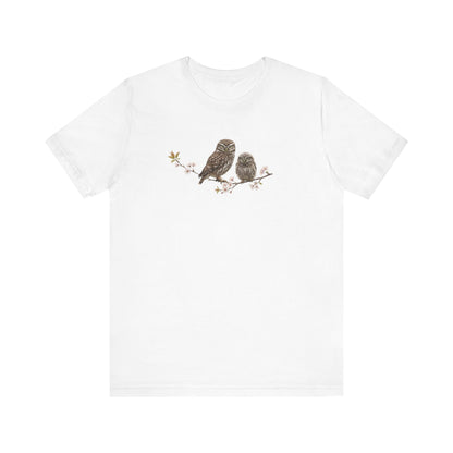 Little Owl & Fledgling T-Shirt | Spring Blossoms Unisex Graphic Tee
