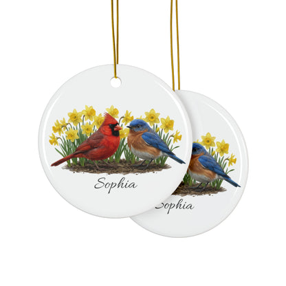 Personalized Cardinal and Bluebird — Custom Name Ceramic Easter Basket Tag & Ornament
