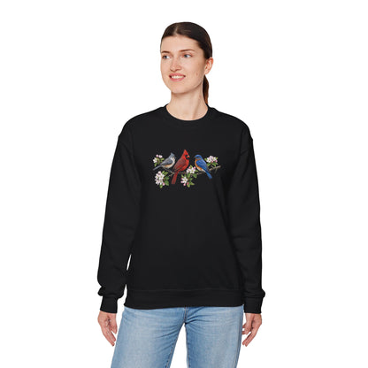 Tufted Titmouse, Cardinal & Bluebird & Apple Blossoms – Cozy Birding Crewneck Sweatshirt