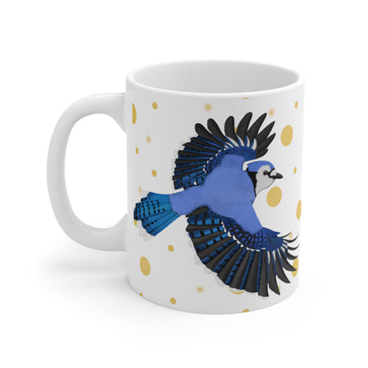 Blue Jay Bird Ceramic Mug White Golden Dots 11oz