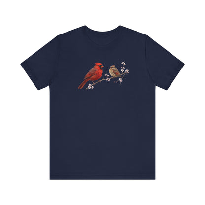 Northern Cardinal & Fledgling T-Shirt | Spring Blossoms Unisex Graphic Tee
