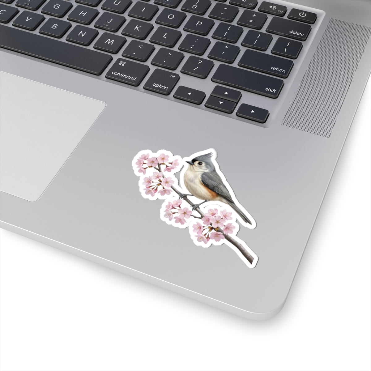 Tufted Titmouse Cherry Blossom Sticker | Glossy Floral Bird Decal | Spring Laptop Sticker