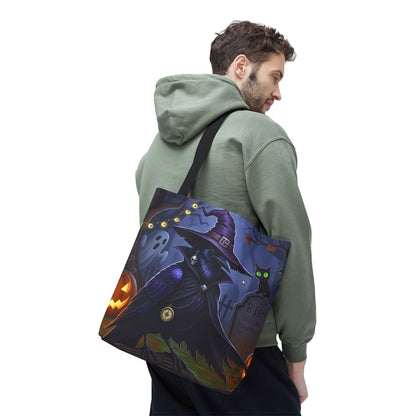 Halloween Crow Tote Bag: Purple Cape & Witch Hat | 16"x16" Polyester | Bird Decor Accessory