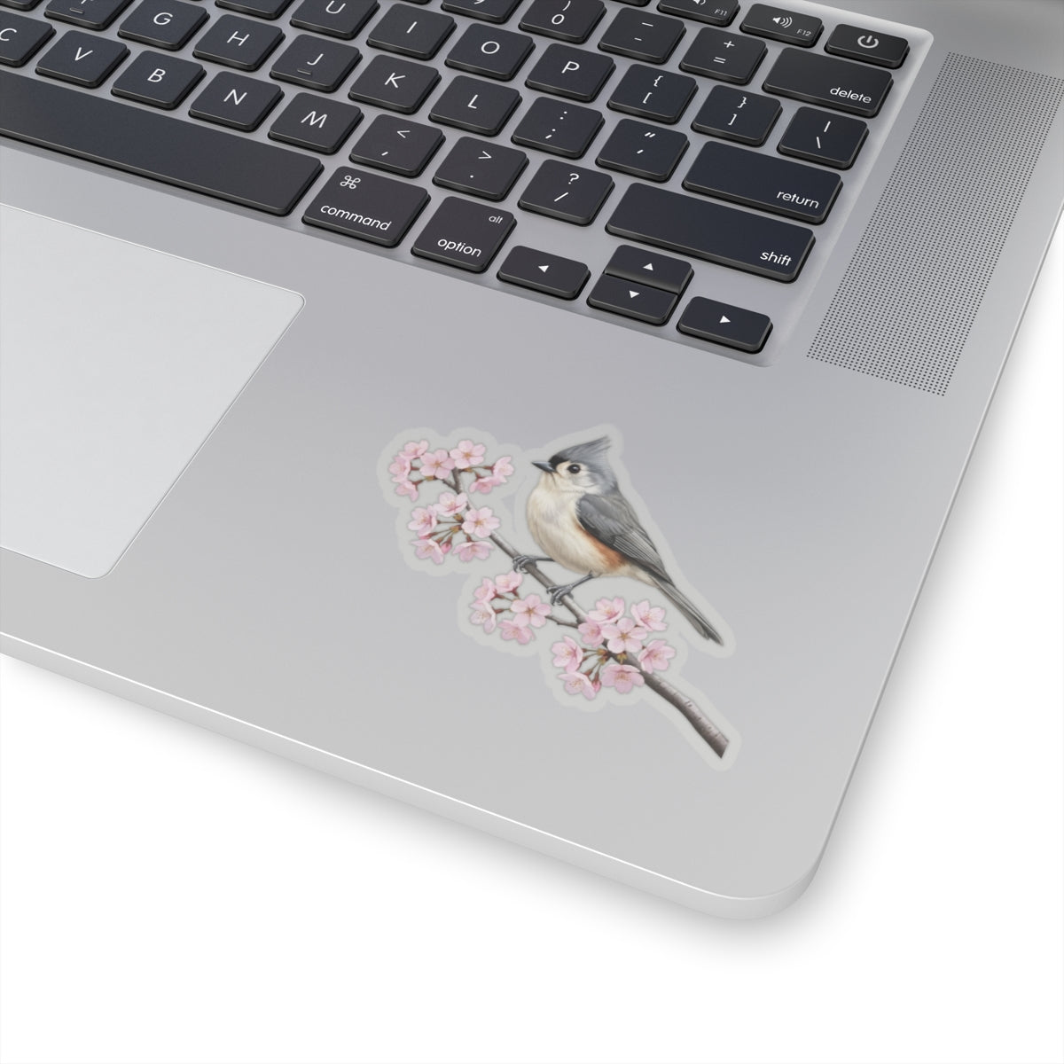 Tufted Titmouse Cherry Blossom Sticker | Glossy Floral Bird Decal | Spring Laptop Sticker