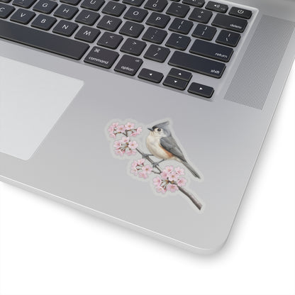 Tufted Titmouse Cherry Blossom Sticker | Glossy Floral Bird Decal | Spring Laptop Sticker