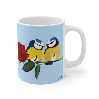 Blue Titmice on a Rose Valentine's Day Bird Ceramic Mug 11oz