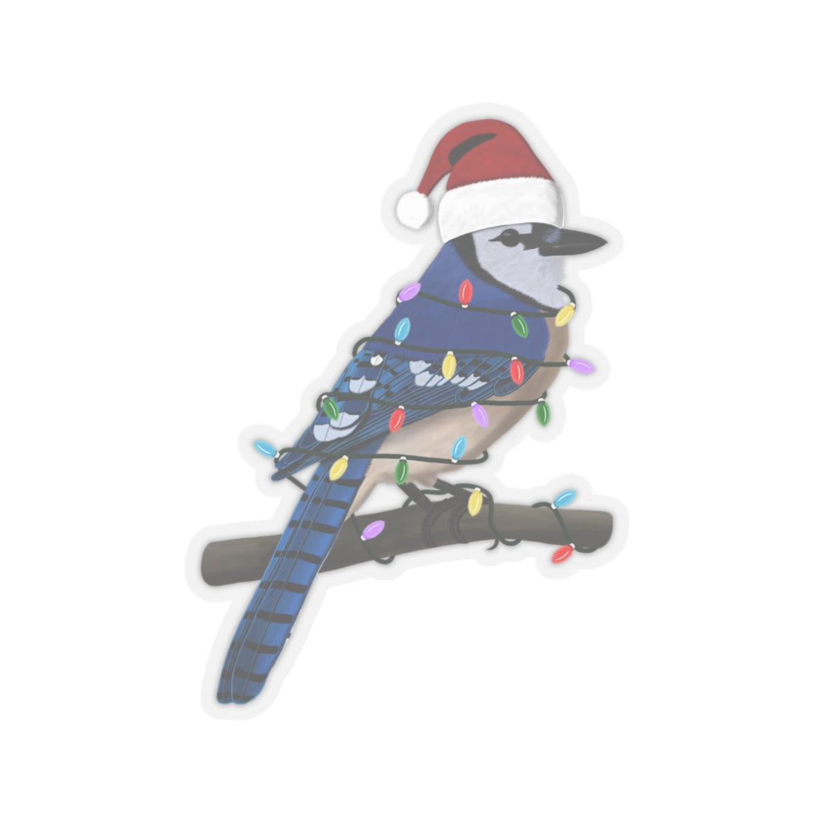 Blue Jay with Fairy Lights and Santa Claus Hat Christmas Bird Sticker