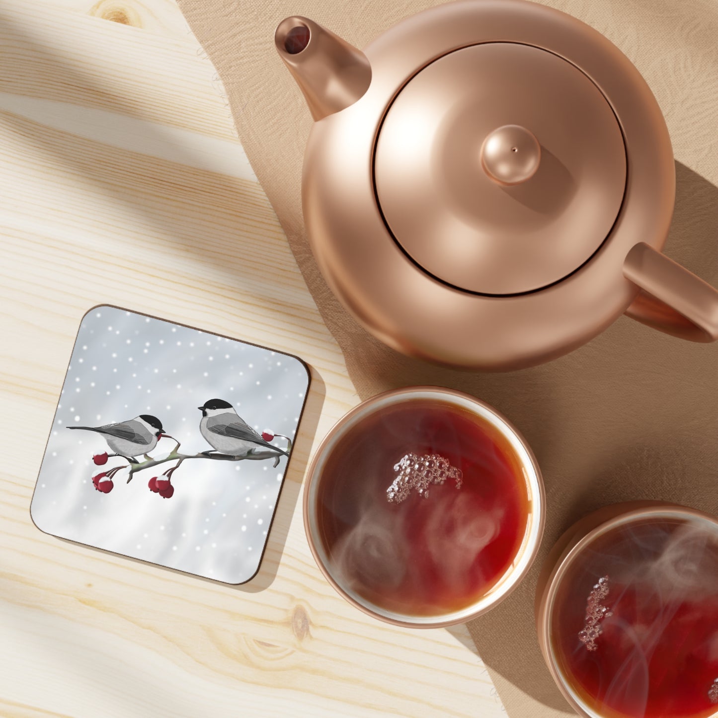 Willow Titmice on a Winter Branch Christmas Bird Hardboard Coaster