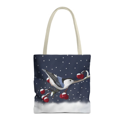 Nuthatch on a Winter Branch Christmas Bird Tote Bag 16"x16"