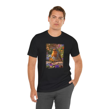 Robin Rosi in the Flower Bed T-Shirt - Cozy Backyard Birding Apparel