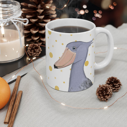 Shoebill Bird Ceramic Mug White Golden Dots 11oz