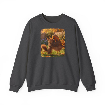 Kuscheliges Sweatshirt mit einer liebevollen Herbst-Illustration: Ein Rotkehlchen und ein kleines Eichhörnchen umarmen sich glücklich. Idealer Pullover für Vogelfreunde und Vogelbeobachter.