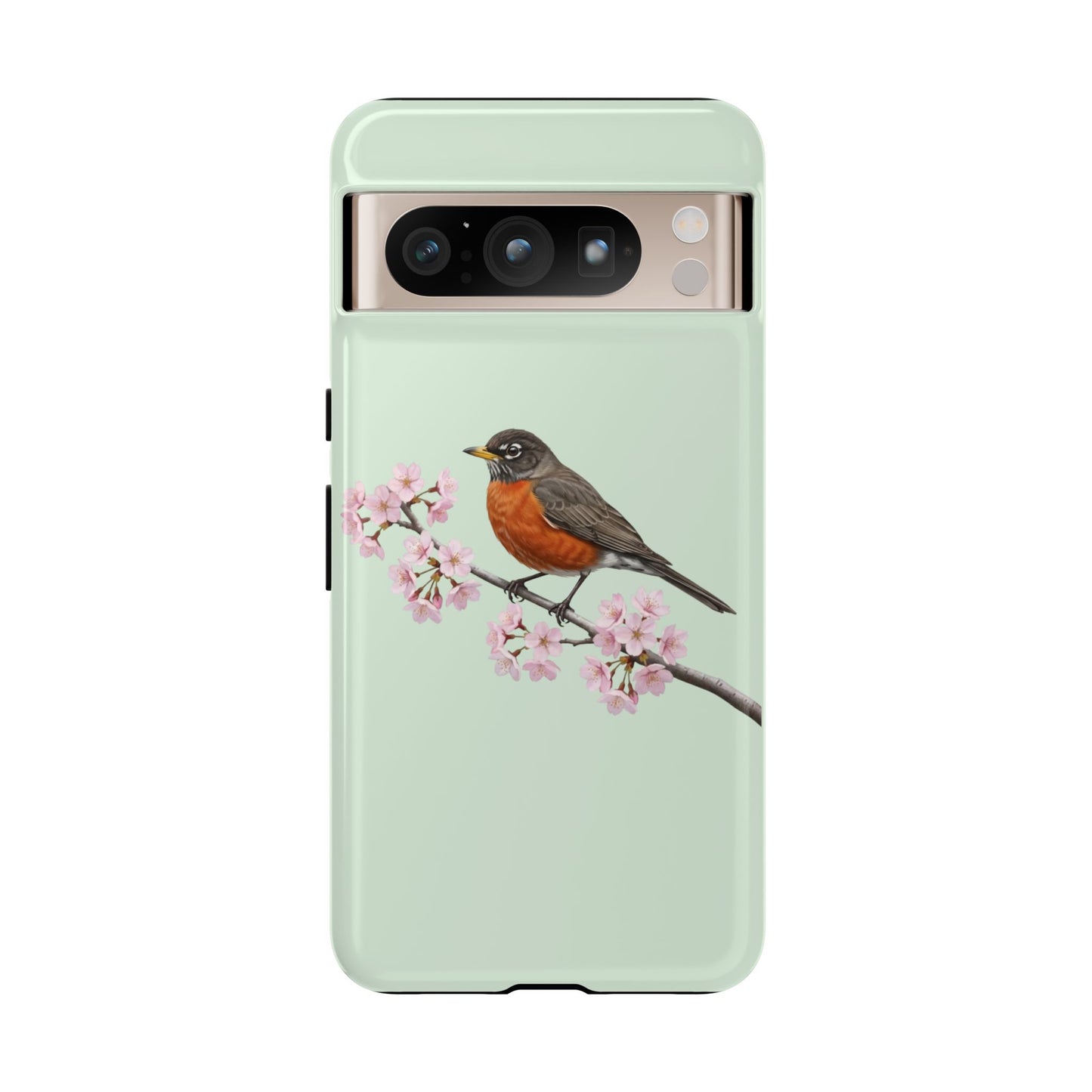 Wanderdrossel Handyhülle in Salbeigrün | Florales Kirschblüten Vogel-Motiv für iPhone & Google Pixel