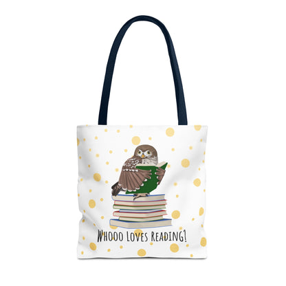 Whooo Loves Reading Owl Teacher Tote Bag – Gold Polka Dot Librarian Aesthetic