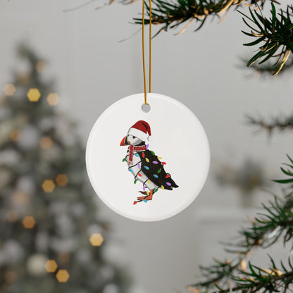 Puffin as Santa Ceramic Bird Christmas Ornament | Durable Double-Sided Bird Lover Decor