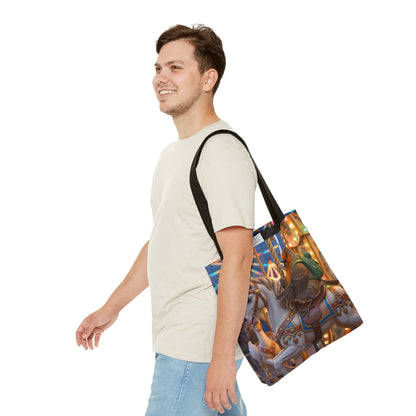 Premium Tragetasche Rosi Rotkehlchen auf dem Einhorn-Karussell (40 x 40 cm)
