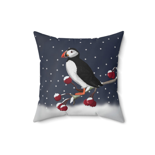 Puffin on a Winter Branch Christmas Bird Pillow