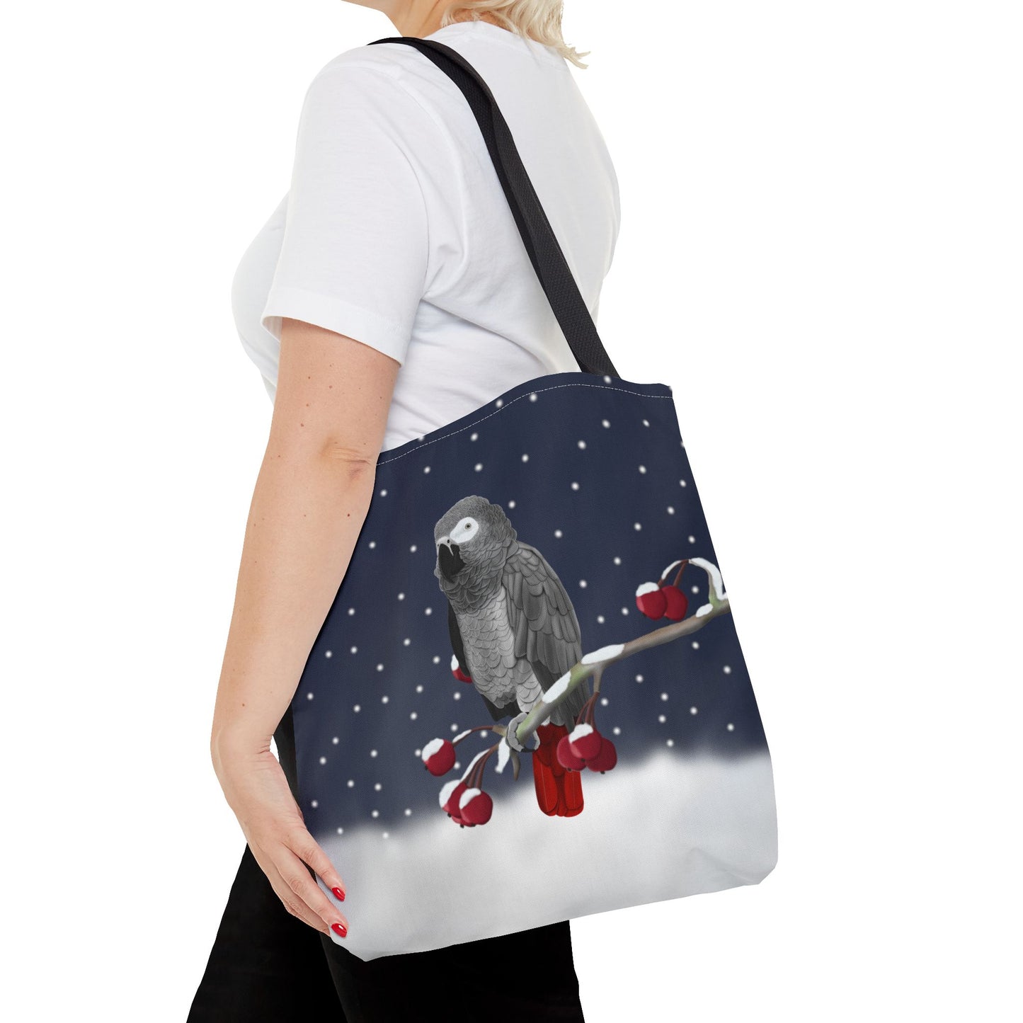 Grey Parrot on a Winter Branch Christmas Bird Tote Bag 16"x16"