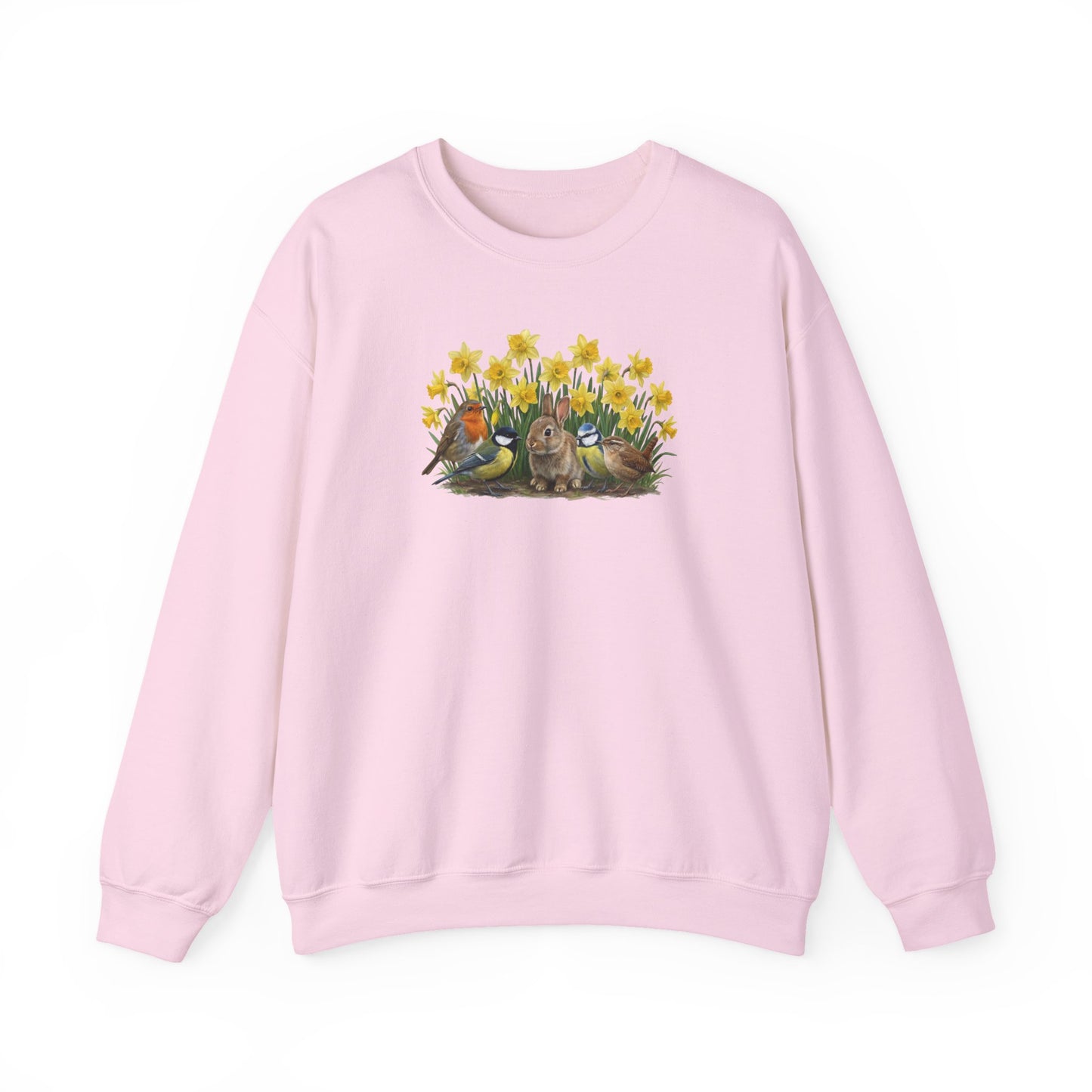 Oster-Sweatshirt Frühlingswiese – Kaninchen & Singvögel in Osterglocken | Unisex Pullover