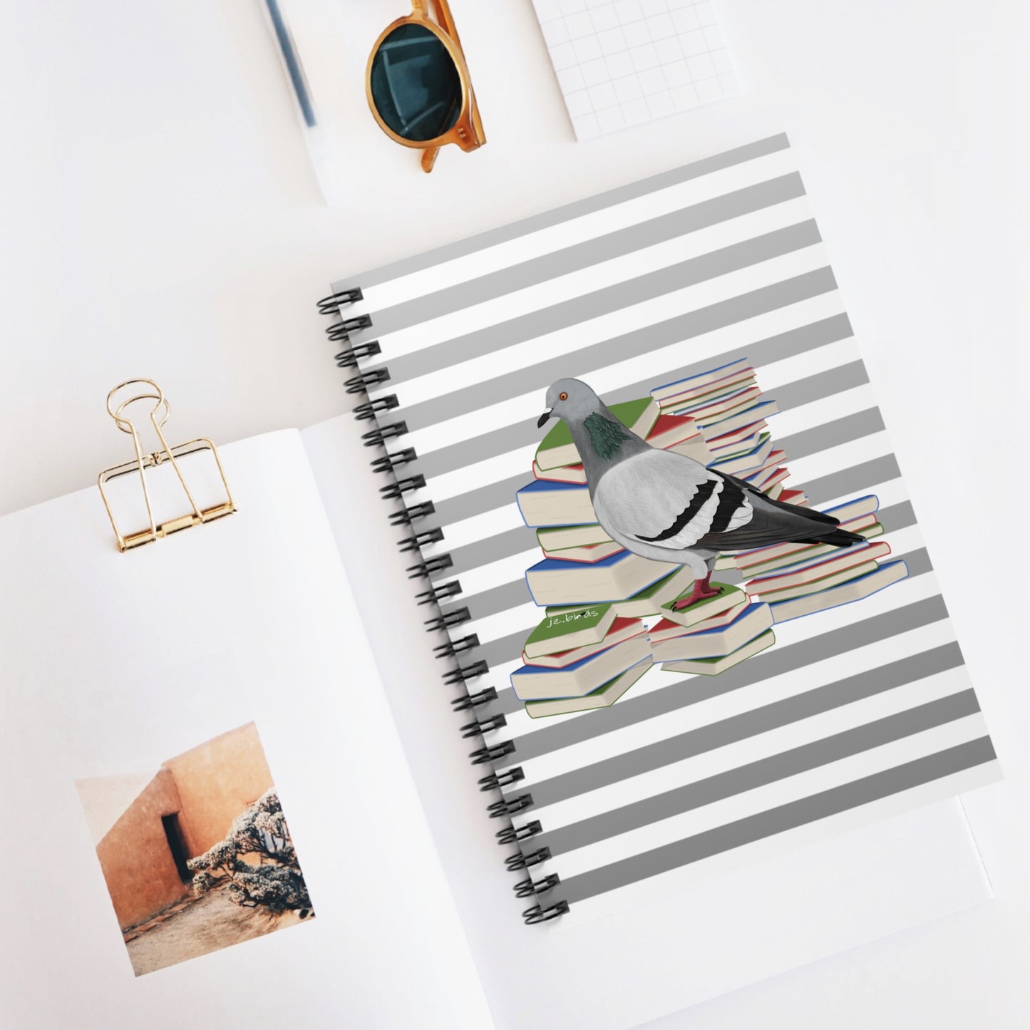 Pigeon Bird with Books Birdlover Bookworm Spiral Notebook Ruled Line