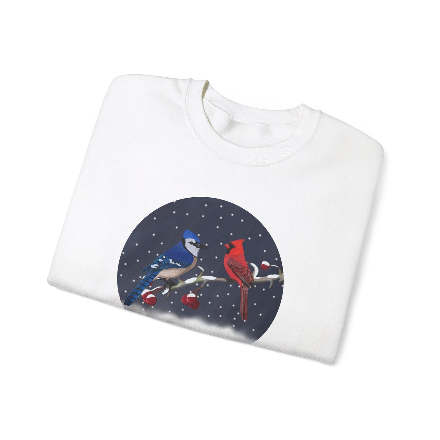 Blue Jay and Cardinal on a Winter Branch Christmas Bird Sweatshirt