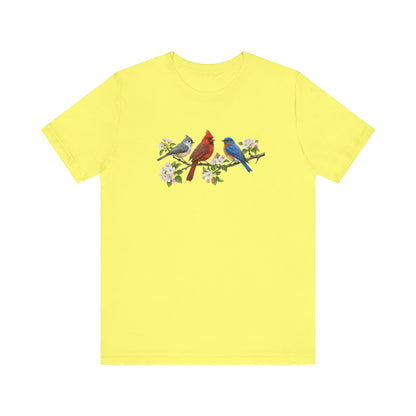 Tufted Titmouse, Cardinal & Bluebird & Apple Blossoms – Floral Bird Lover Gift T-Shirt