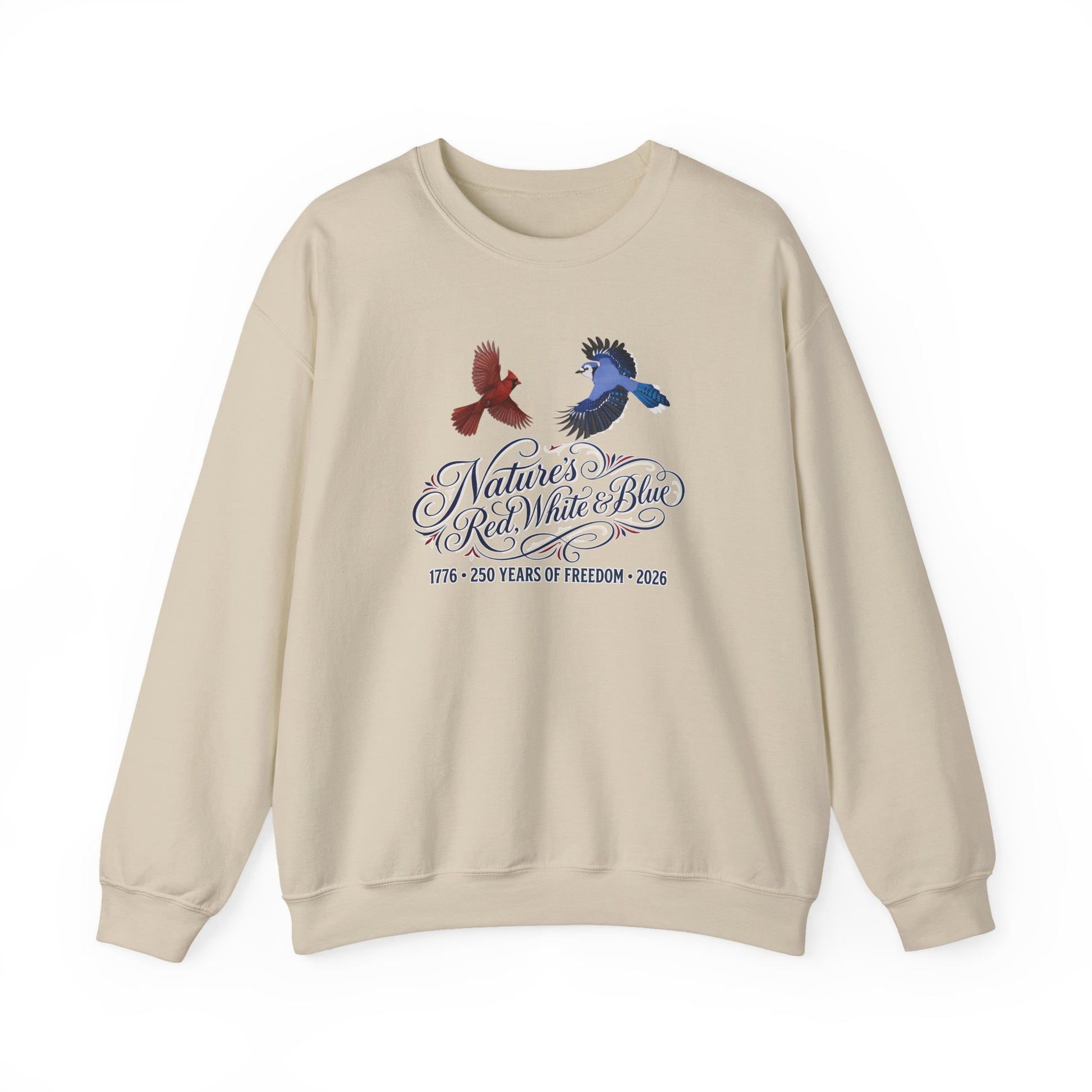 Stay warm and celebrate the US Semiquincentennial! Get our cozy Nature's Red, White & Blue crewneck sweatshirt featuring a flying Cardinal and Blue Jay.