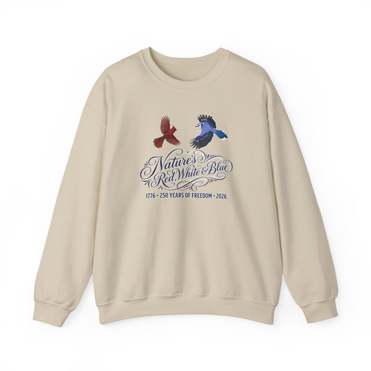 Stay warm and celebrate the US Semiquincentennial! Get our cozy Nature's Red, White & Blue crewneck sweatshirt featuring a flying Cardinal and Blue Jay.