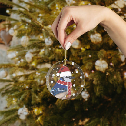 Blue Jay as Santa Claus Christmas Bird Glass Ornament Transparent