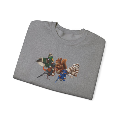 Cozy Winter Crewneck: Backyard Birds & Squirrel in Knitwear
