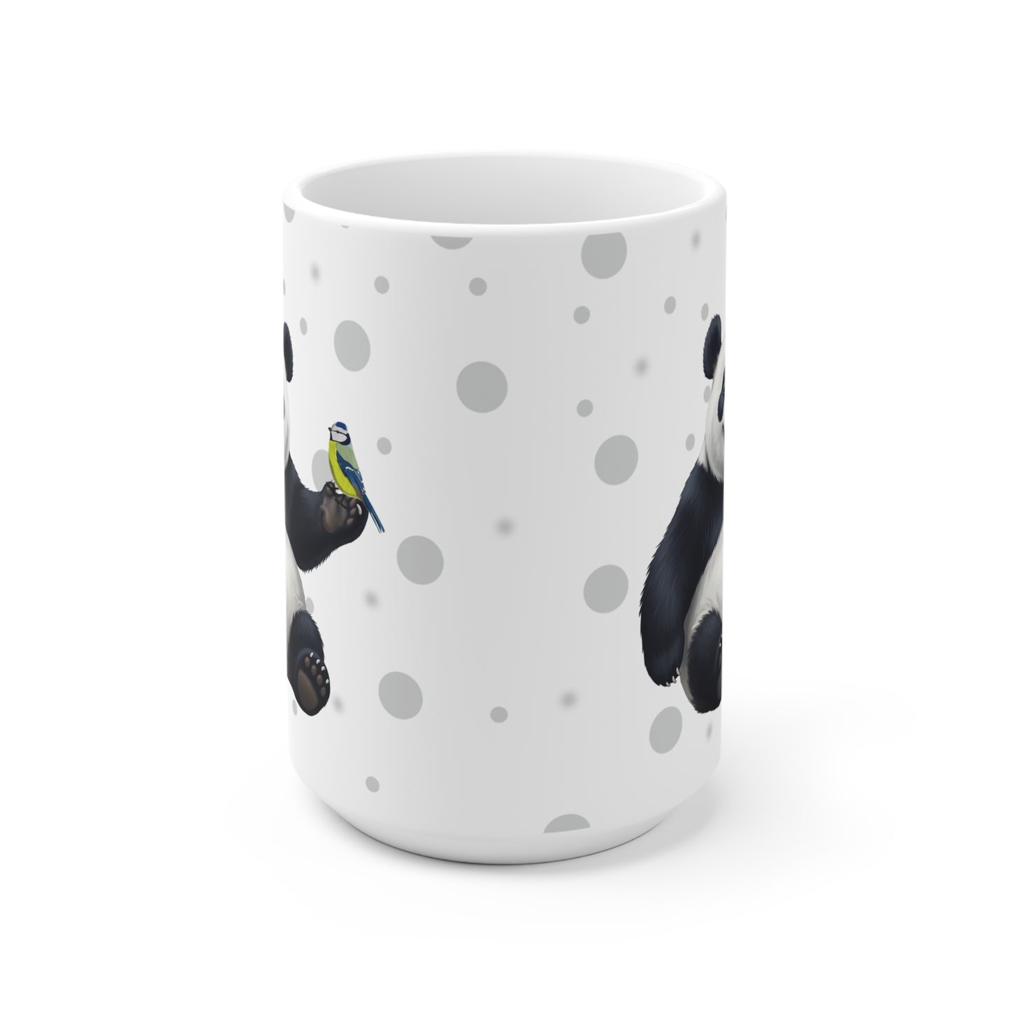 Blaumeise mit einem fröhlichen Panda Vogel Tiermotiv Tasse Punkte Grau