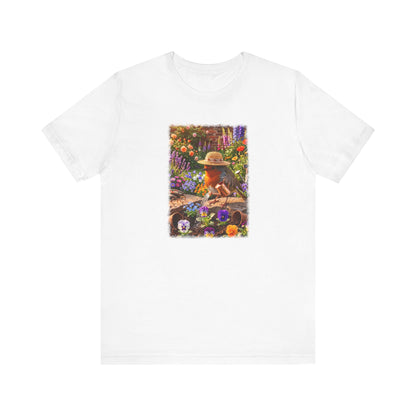 Niedliches Rotkehlchen T-Shirt beim Blumen gießen | Gemütliches Garten-Motiv